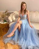 Prom Dress 2025 Light Blue Lace Applique Prom Dresses with Slit Spaghetti Strap Evening Dress 22006-unique elegant Prom Dresses-Light Blue-US2-vigocouture