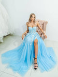 Prom Dress 2025 Light Blue Lace Applique Prom Dresses With Slit Strapless Evening Dress 21753-unique elegant Prom Dresses-Light Blue-US2-vigocouture