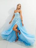 Light Blue Lace Applique Prom Dresses With Slit Strapless Evening Dress 21753