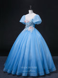 Prom Dress 2025 Light Blue Lace Applique Quinceanera Dresses Puffed Sleeve Sweet 15 Dresses 21359-unique elegant Prom Dresses-Light Blue-Custom Size-vigocouture