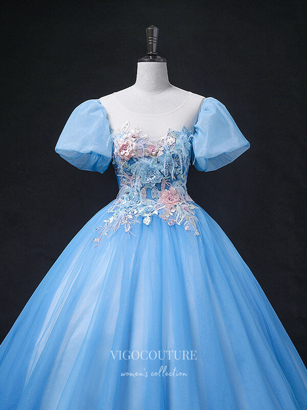 Prom Dress 2025 Light Blue Lace Applique Quinceanera Dresses Puffed Sleeve Sweet 15 Dresses 21359-unique elegant Prom Dresses-Light Blue-Custom Size-vigocouture