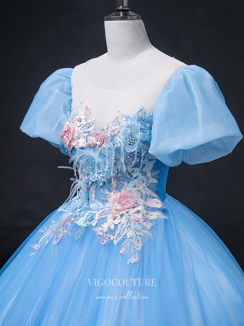 Prom Dress 2025 Light Blue Lace Applique Quinceanera Dresses Puffed Sleeve Sweet 15 Dresses 21359-unique elegant Prom Dresses-Light Blue-Custom Size-vigocouture