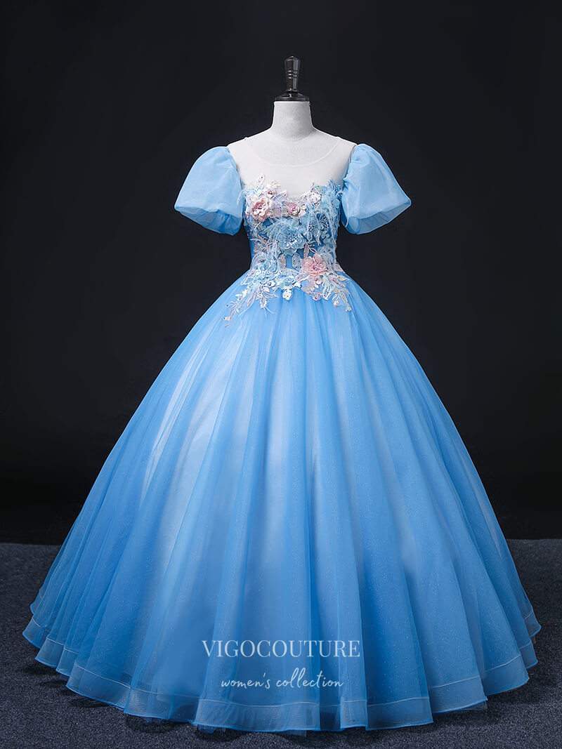 Prom Dress 2025 Light Blue Lace Applique Quinceanera Dresses Puffed Sleeve Sweet 15 Dresses 21359-unique elegant Prom Dresses-Light Blue-Custom Size-vigocouture