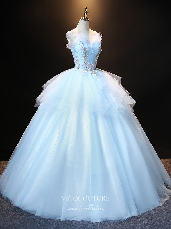 Prom Dress 2025 Light Blue Lace Applique Quinceanera Dresses Spaghetti Strap Sweet 16 Dresses 21403-unique elegant Prom Dresses-Light Blue-Custom Size-vigocouture