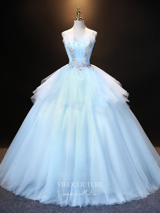 Prom Dress 2025 Light Blue Lace Applique Quinceanera Dresses Spaghetti Strap Sweet 16 Dresses 21403-unique elegant Prom Dresses-Light Blue-Custom Size-vigocouture