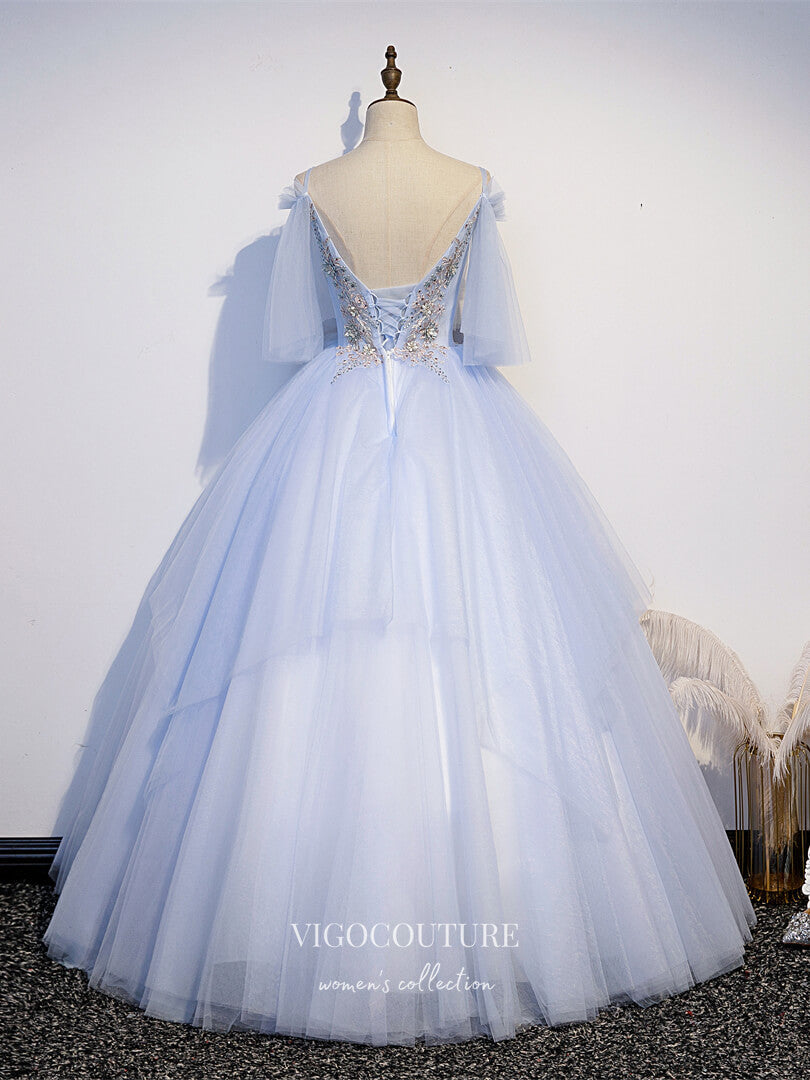 Light Blue Lace Applique Quinceanera Dresses Spaghetti Strap Sweet 16 Dresses 21429