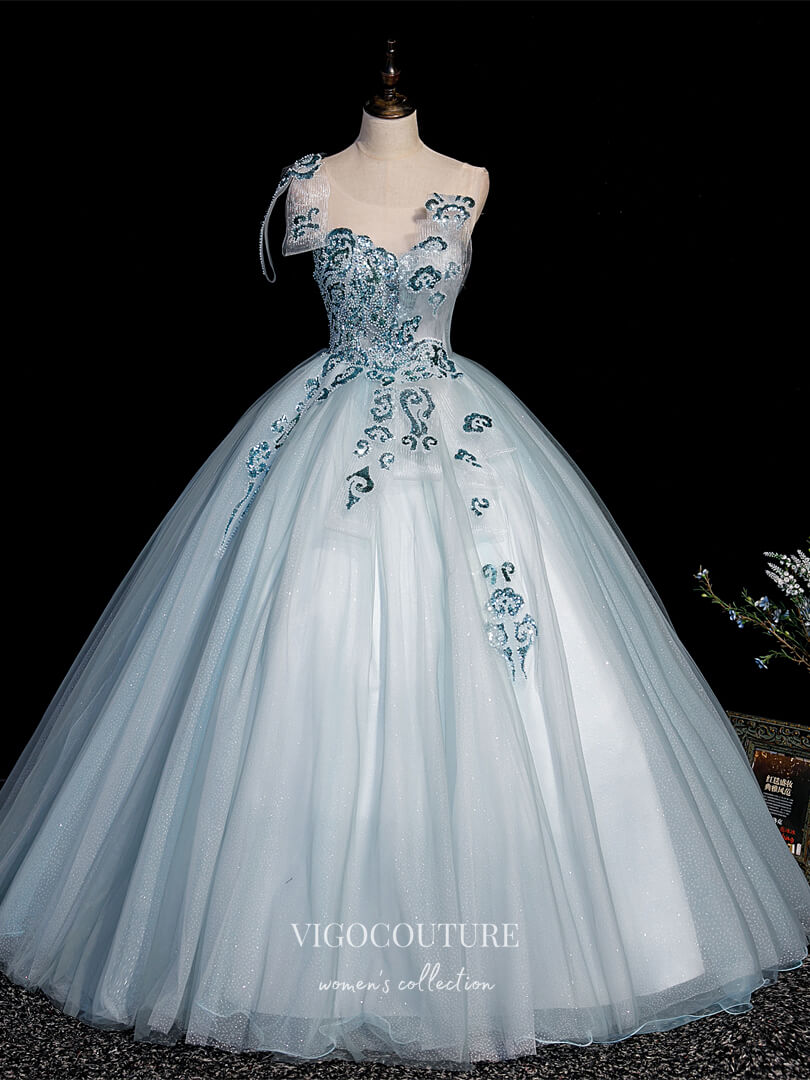 Prom Dress 2025 Light Blue Lace Applique Quinceanera Dresses Sparkly Tulle Princess Dresses 21411-unique elegant Prom Dresses-Light Blue-Custom Size-vigocouture