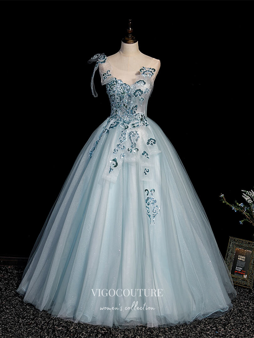 Prom Dress 2025 Light Blue Lace Applique Quinceanera Dresses Sparkly Tulle Princess Dresses 21411-unique elegant Prom Dresses-Light Blue-Custom Size-vigocouture