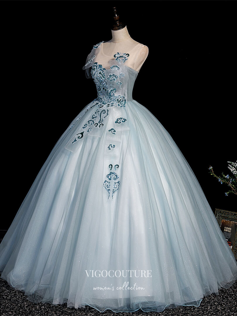 Prom Dress 2025 Light Blue Lace Applique Quinceanera Dresses Sparkly Tulle Princess Dresses 21411-unique elegant Prom Dresses-Light Blue-Custom Size-vigocouture