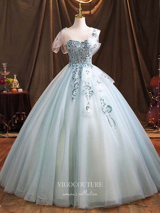 Prom Dress 2025 Light Blue Lace Applique Quinceanera Dresses Sparkly Tulle Sweet 15 Dresses 21374-unique elegant Prom Dresses-Light Blue-Custom Size-vigocouture