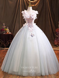 Light Blue Lace Applique Quinceanera Dresses Sparkly Tulle Sweet 15 Dresses 21380