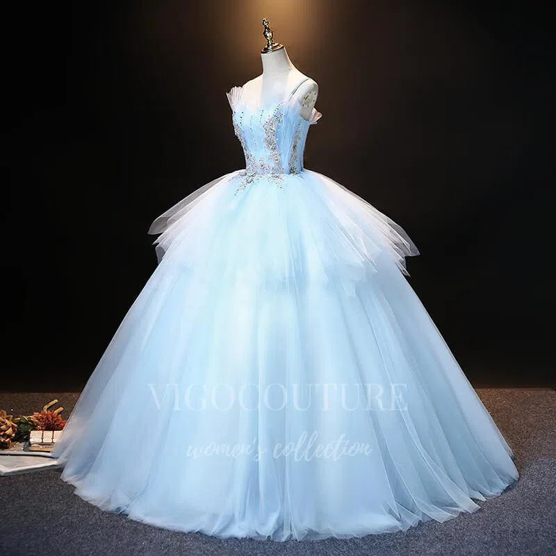 Light Blue Lace Applique Quinceaera Dresses Tiered Ball Gown 20485 Custom Colors / US18W Light Blue Lace Applique Quinceaera Dresses Tiered Ball Gown 20485 Custom Colors / US18W