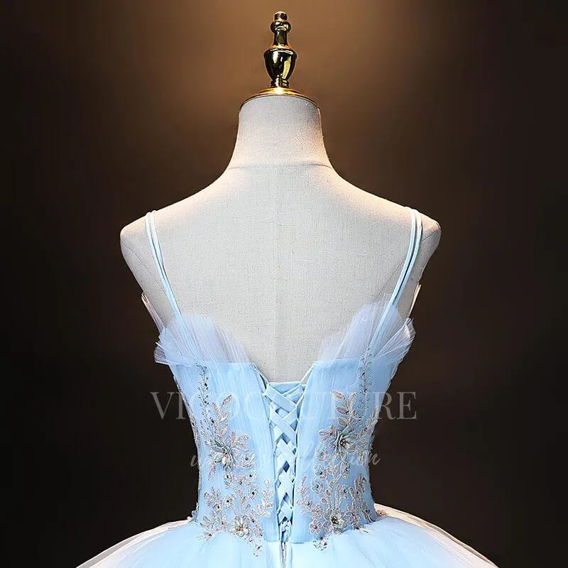 vigocouture-Light Blue Lace Applique Quinceañera Dresses Tiered Ball Gown 20485-Prom Dresses-vigocouture-