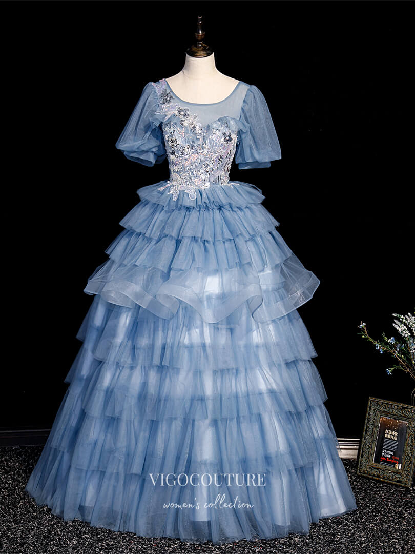 Prom Dress 2025 Light Blue Lace Applique Quinceanera Dresses Tiered Princess Dresses 21412-unique elegant Prom Dresses-Light Blue-Custom Size-vigocouture