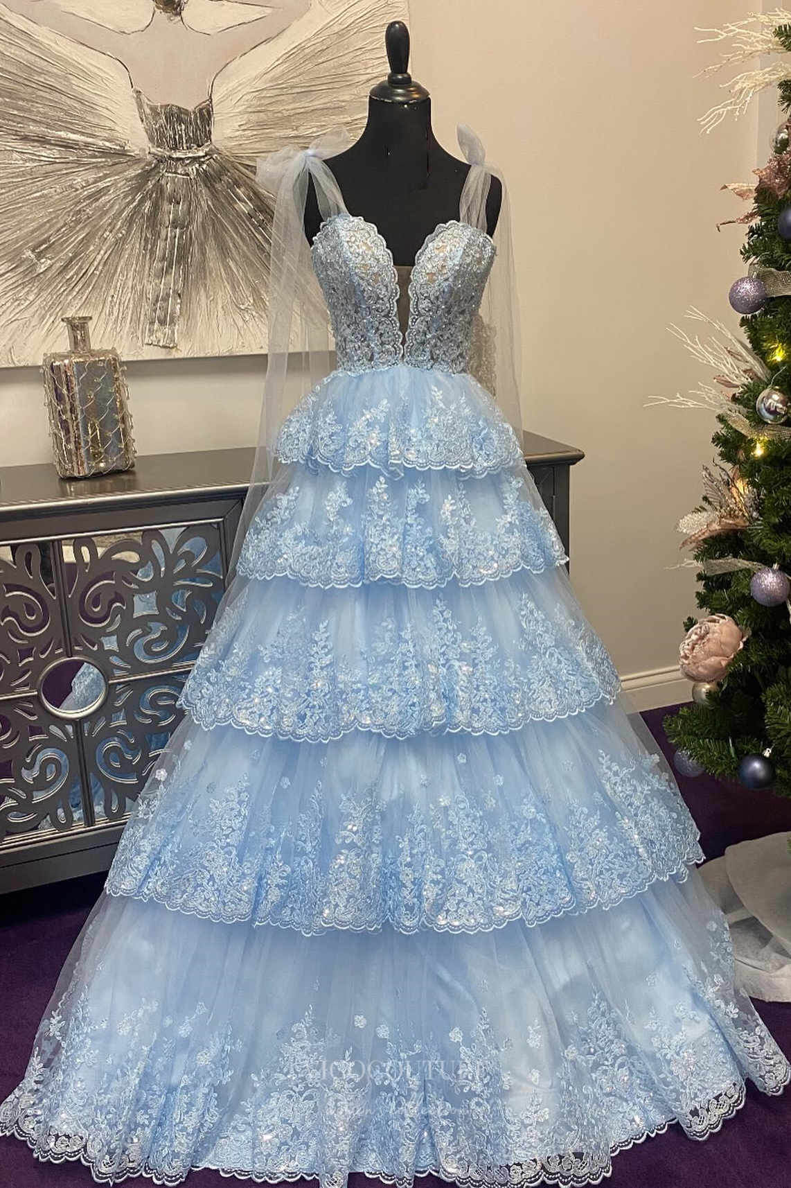 Prom Dress 2025 Light Blue Lace Applique Tiered Prom Dresses Sheer Bodice Bow Tie Strap 24363-unique elegant Prom Dresses-Light Blue-Custom Size-vigocouture