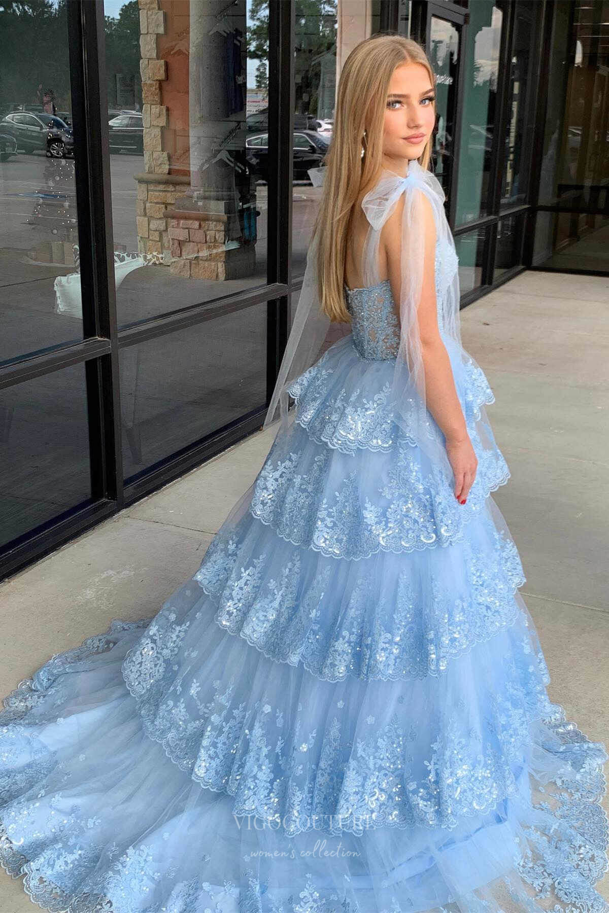Light Blue Lace Applique Tiered Prom Dresses Sheer Bodice Bow Tie Strap 24363 Custom Colors / US0 Light Blue Lace Applique Tiered Prom Dresses Sheer Bodice Bow Tie Strap 24363 Custom Colors / US0