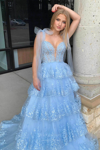 Light Blue Lace Applique Tiered Prom Dresses Sheer Bodice Bow Tie Stra – vigocouture