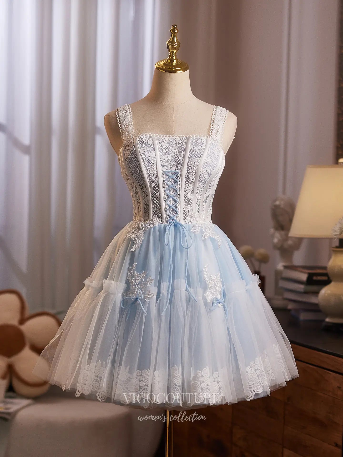 Prom Dresses 2025 to impress Light Blue Lace Corset Homecoming Dress with Bow Accents & Tulle Skirt – HC498-vigocouture-vigocouture