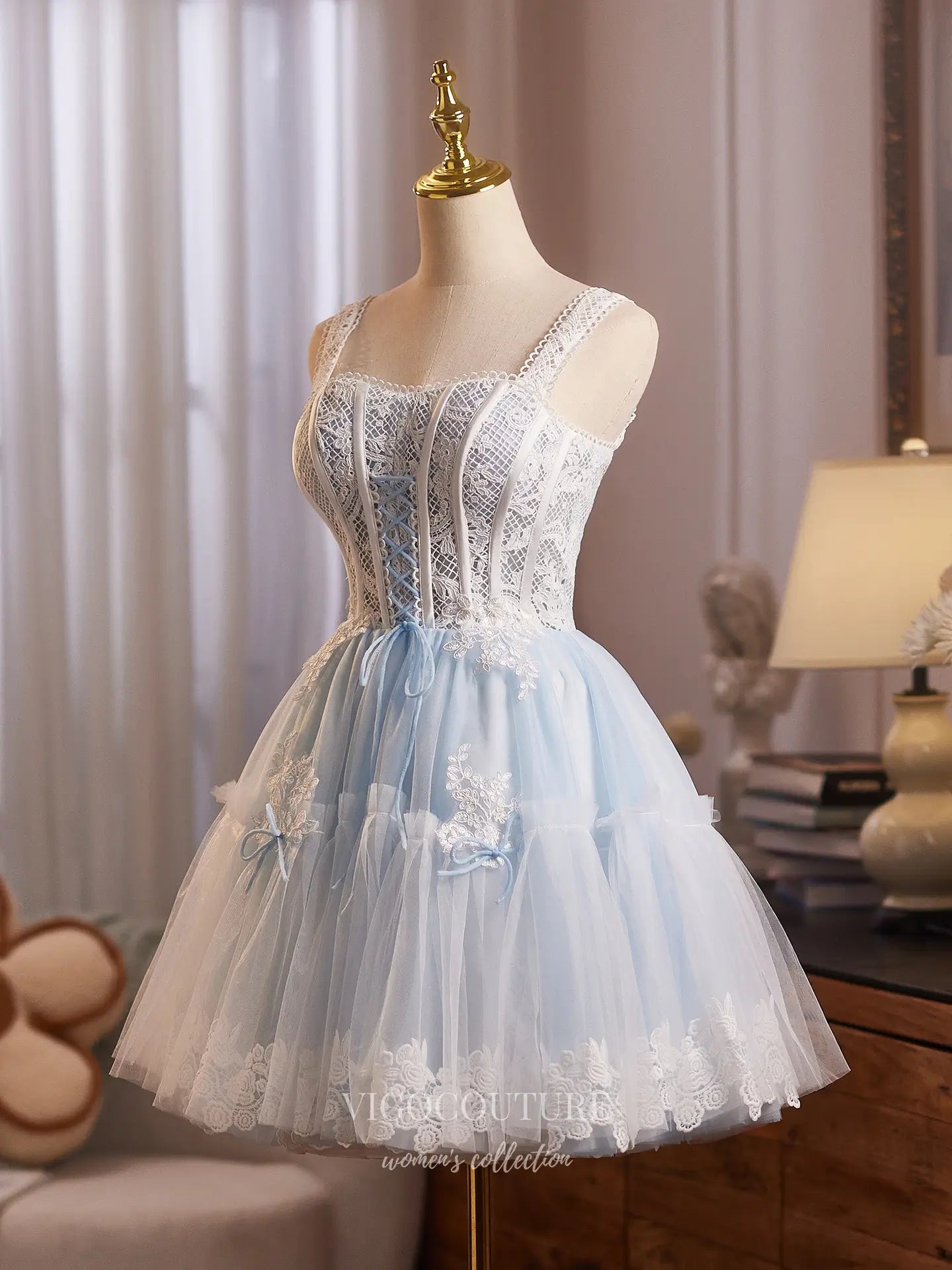 Prom Dresses 2025 to impress Light Blue Lace Corset Homecoming Dress with Bow Accents & Tulle Skirt – HC498-vigocouture-vigocouture