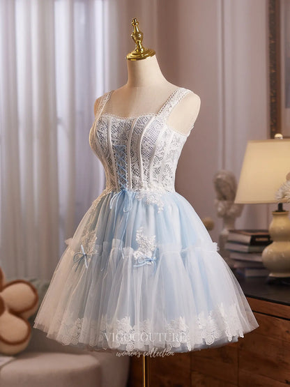 Prom Dresses 2025 to impress Light Blue Lace Corset Homecoming Dress with Bow Accents & Tulle Skirt – HC498-vigocouture-vigocouture