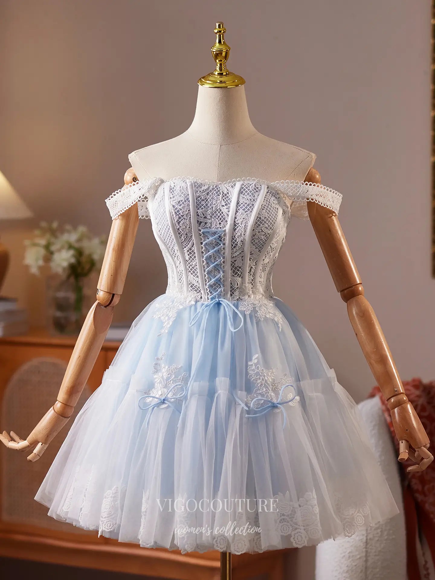 Light Blue Lace Corset Homecoming Dress with Bow Accents & Tulle Skirt – HC498