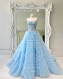 Light Blue Layered Ruffle Prom Dresses Spaghetti Strap Evening Dress 21681