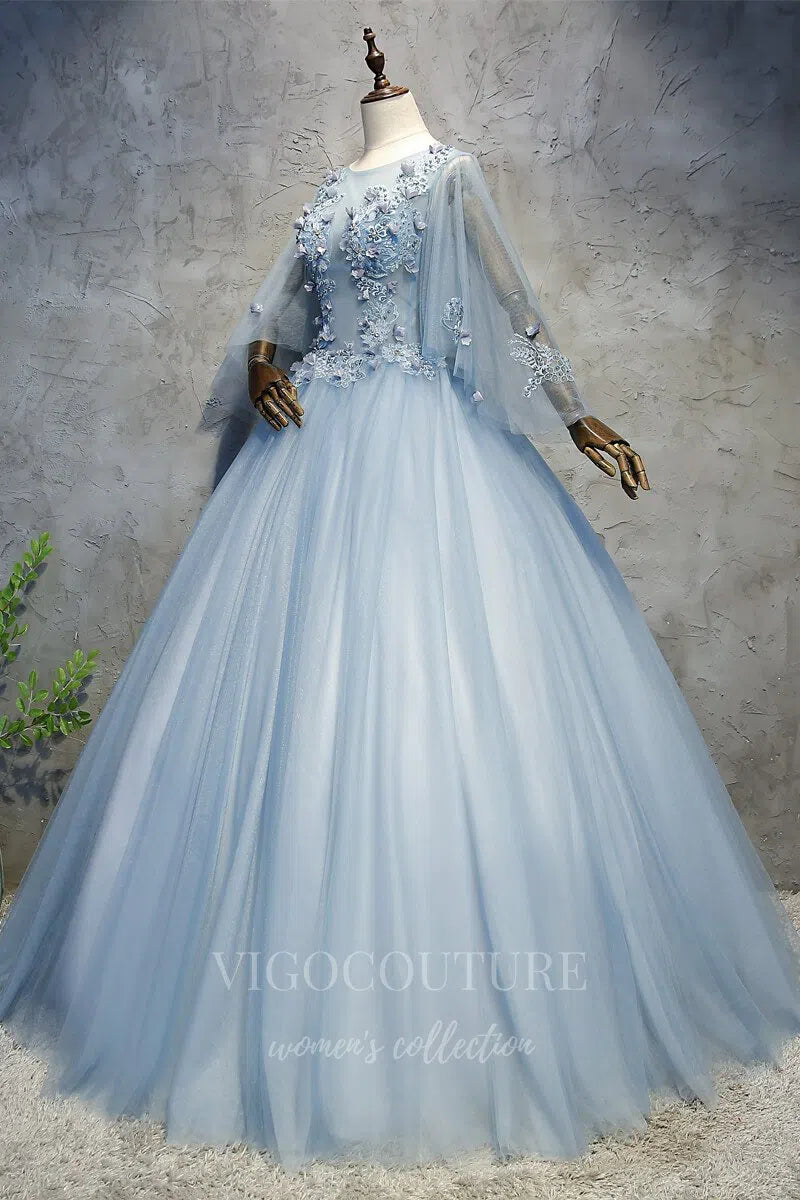 vigocouture-Light Blue Long Sleeve Quinceañera Dresses Lace Applique Ball Gown 20450-Prom Dresses-vigocouture-