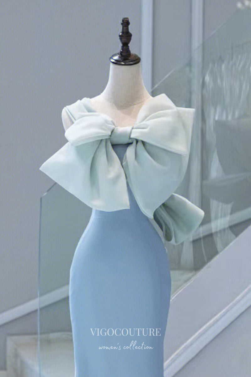 Light Blue Mermaid Satin Prom Dress with Bow-Tie and Rosette 22277 vigocouture Light Blue Mermaid Satin Prom Dress with Bow-Tie and Rosette 22277 vigocouture