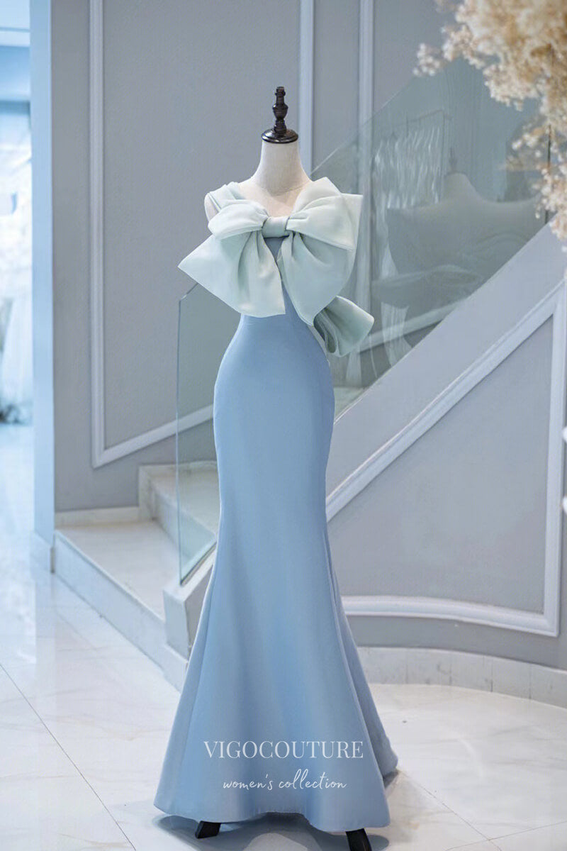 Light Blue Mermaid Satin Prom Dress with Bow-Tie and Rosette 22277 vigocouture Light Blue Mermaid Satin Prom Dress with Bow-Tie and Rosette 22277 vigocouture