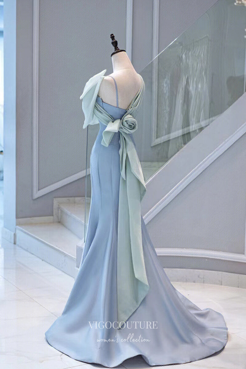 Light Blue Mermaid Satin Prom Dress with Bow-Tie and Rosette 22277