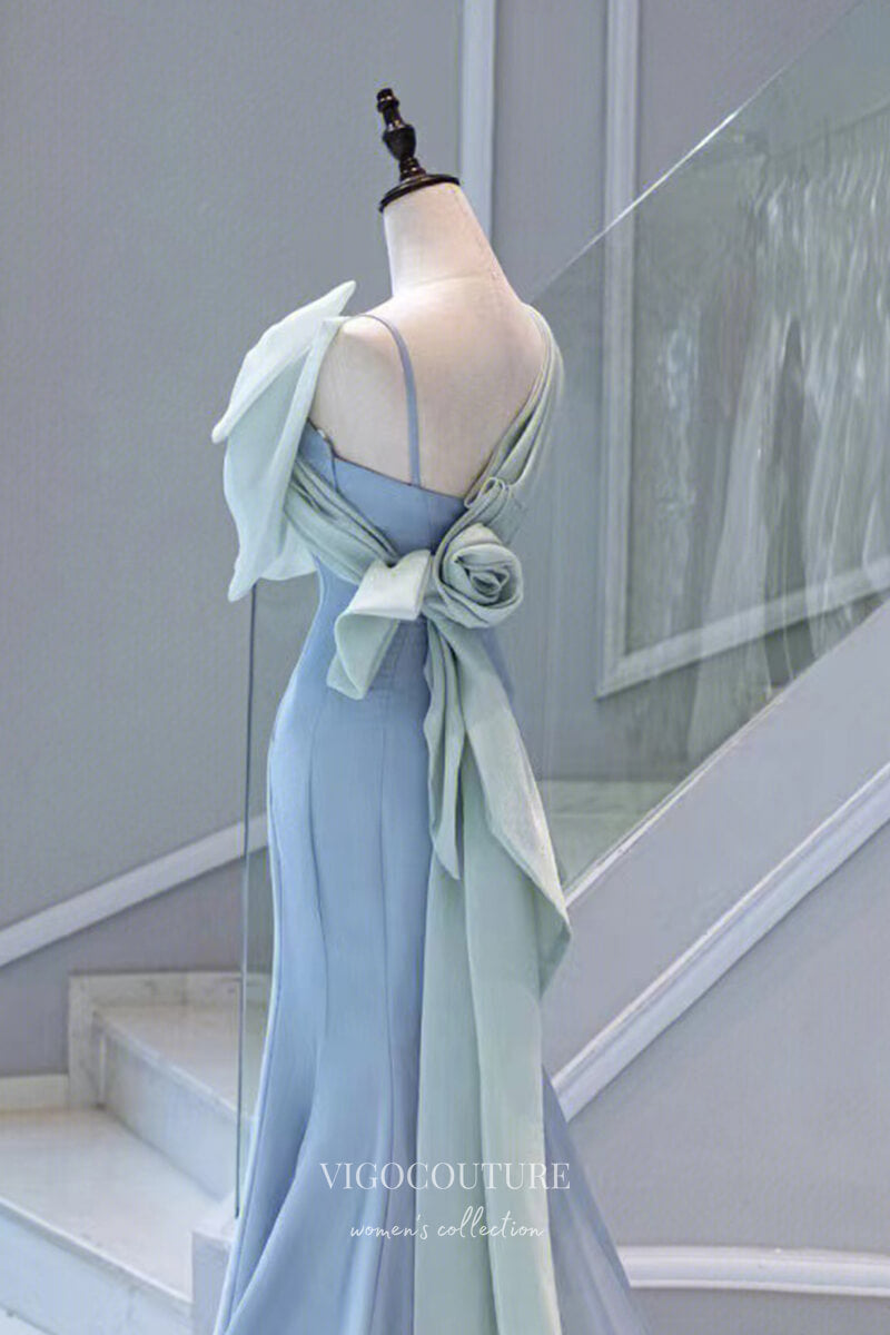 Light Blue Mermaid Satin Prom Dress with Bow-Tie and Rosette 22277 Light Blue / US2 Light Blue Mermaid Satin Prom Dress with Bow-Tie and Rosette 22277 Light Blue / US2