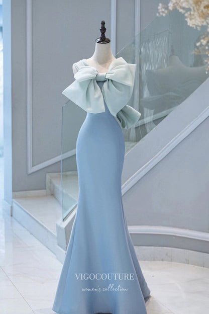 Light Blue Mermaid Satin Prom Dress with Bow-Tie and Rosette 22277 vigocouture Light Blue Mermaid Satin Prom Dress with Bow-Tie and Rosette 22277 vigocouture