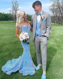 Light Blue Mermaid Sequin Prom Dresses Sweetheart Neck Evening Dress 21946