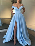 Prom Dress 2025 Light Blue Off the Shoulder Prom Dresses With Slit Satin A-Line Evening Dress 21739-unique elegant Prom Dresses-Light Blue-US2-vigocouture