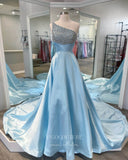 Light Blue One Shoulder Prom Dresses Beaded Satin Evening Dress 21696