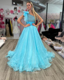 Light Blue Organza Prom Dresses One Shoulder Formal Gown 22030