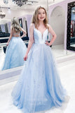 Light Blue Plunging V-Neck Prom Dresses Sparkly Tulle Evening Dress 21683