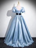 Prom Dress 2025 Light Blue Puffed Sleeve Cheap Prom Dresses 2025 Satin V-Neck Formal Gown 25067-unique elegant Prom Dresses-Light Blue-Custom Size-vigocouture