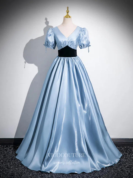 Prom Dress 2025 Light Blue Puffed Sleeve Cheap Prom Dresses 2025 Satin V-Neck Formal Gown 25067-unique elegant Prom Dresses-Light Blue-Custom Size-vigocouture