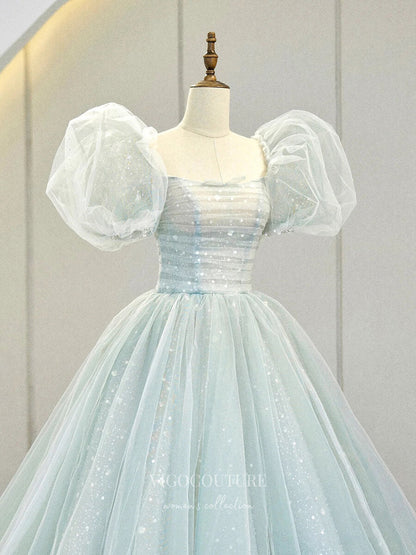 Light Blue Puffed Sleeve Prom Dresses Sparkly Cinderella Dresses 21011 – vigocouture