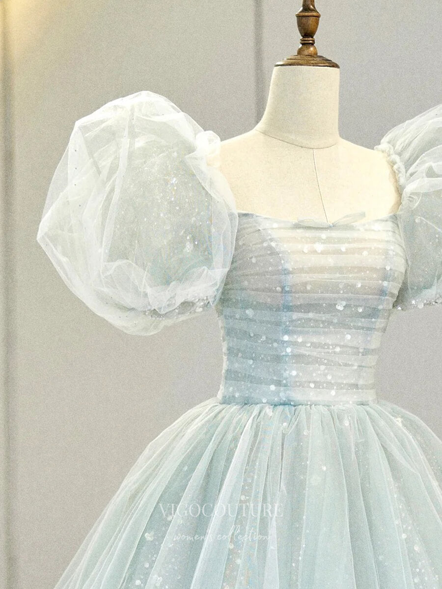 Prom Dress 2025 Light Blue Puffed Sleeve Prom Dresses Sparkly Cinderella Dresses 21011-unique elegant Prom Dresses-Light Blue-Custom Size-vigocouture