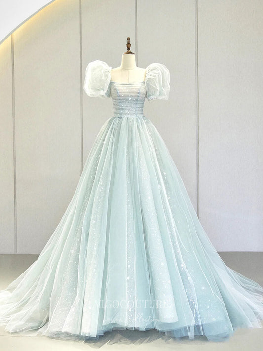 Prom Dress 2025 Light Blue Puffed Sleeve Prom Dresses Sparkly Cinderella Dresses 21011-unique elegant Prom Dresses-Light Blue-Custom Size-vigocouture