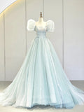 Prom Dress 2025 Light Blue Puffed Sleeve Prom Dresses Sparkly Cinderella Dresses 21011-unique elegant Prom Dresses-Light Blue-Custom Size-vigocouture