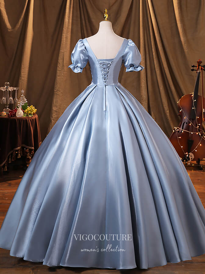 Prom Dress 2025 Light Blue Puffed Sleeve Quinceanera Dresses Satin Formal Dresses 21367-unique elegant Prom Dresses-Light Blue-Custom Size-vigocouture