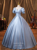 Prom Dress 2025 Light Blue Puffed Sleeve Quinceanera Dresses Satin Formal Dresses 21367-unique elegant Prom Dresses-Light Blue-Custom Size-vigocouture