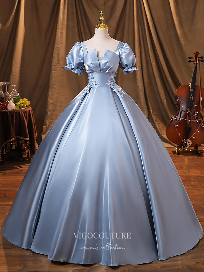 Prom Dress 2025 Light Blue Puffed Sleeve Quinceanera Dresses Satin Formal Dresses 21367-unique elegant Prom Dresses-Light Blue-Custom Size-vigocouture