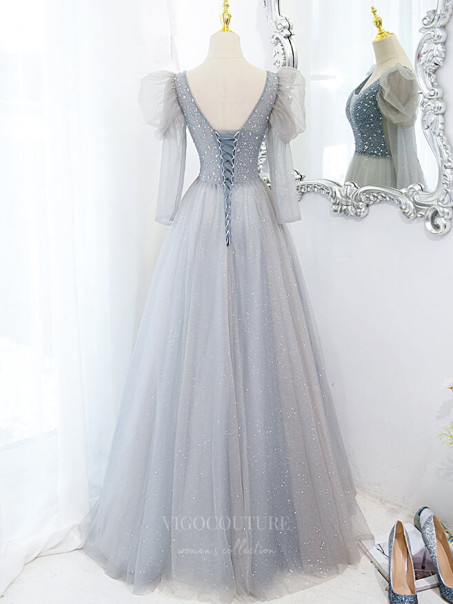 Prom Dress 2025 Light Blue Puffed Sleeve Sparkly Tulle Prom Dress 20890-unique elegant Prom Dresses-Light Blue-Custom Size-vigocouture