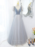 Prom Dress 2025 Light Blue Puffed Sleeve Sparkly Tulle Prom Dress 20890-unique elegant Prom Dresses-Light Blue-Custom Size-vigocouture