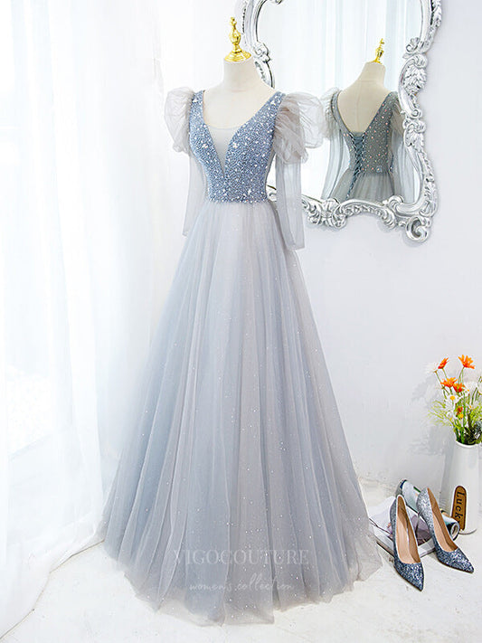 Prom Dress 2025 Light Blue Puffed Sleeve Sparkly Tulle Prom Dress 20890-unique elegant Prom Dresses-Light Blue-Custom Size-vigocouture