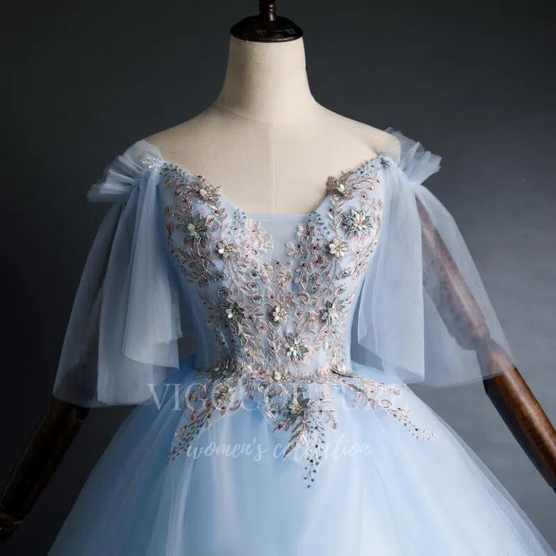 vigocouture-Light Blue Quinceañera Dresses Lace Applique Ball Gown 20470-Prom Dresses-vigocouture-